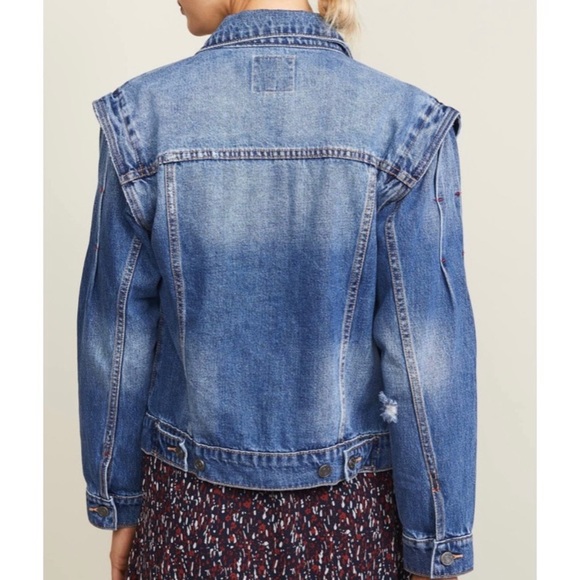 JOIE DEMANDA DISTRESSED JEAN DENIM JACKET W SHARP SHOULDERS AND RED DETAIL SZ XS - Picture 4 of 10